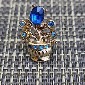 Blue Iris Brooch: Potted Blue Iris Flower Pin with Blue Stones, Gold-toned